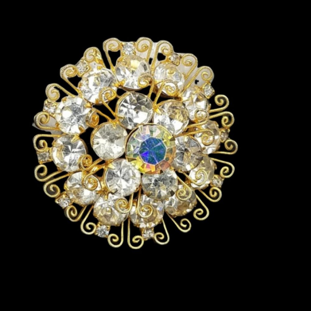 Vintage AB Rhinestone Scroll Work Layered Brooch - Picture 2 of 3